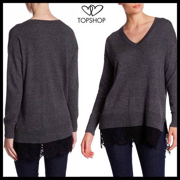 TOPSHOP GREY BLACK LACE V-NECK TUNIC SWEATER - Picture 2 of 8